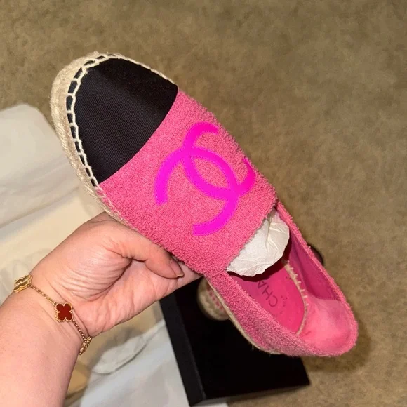 CHANEL Hot Pink Bouclé Espadrilles with Black Toe Cap - Picture 10 of 11